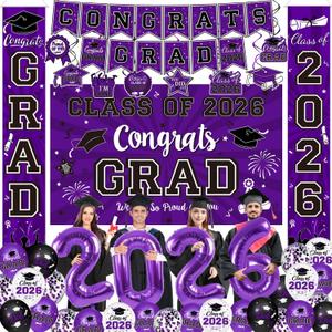 Graduation Decorations Class of 2026 Set - Purple Themed Congrats Grad Banner & Backdrop, Hanging Swirls, Porch Sign, Balloons, Foil Number 2026 for High School & College Celebrations, 18in, 12in, 10-inch