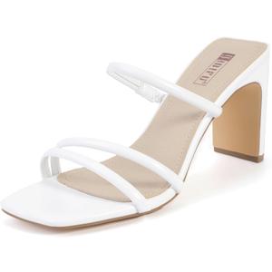 IDIFU IN3 High Heels Strappy Chunky Block Heels Square Toe Three Strap Slip On Heels Comfortable Slides Heeled Sandals Sexy Wedding Party Dress Shoes Open Toe Mules for Women 
(White Pu, 5)