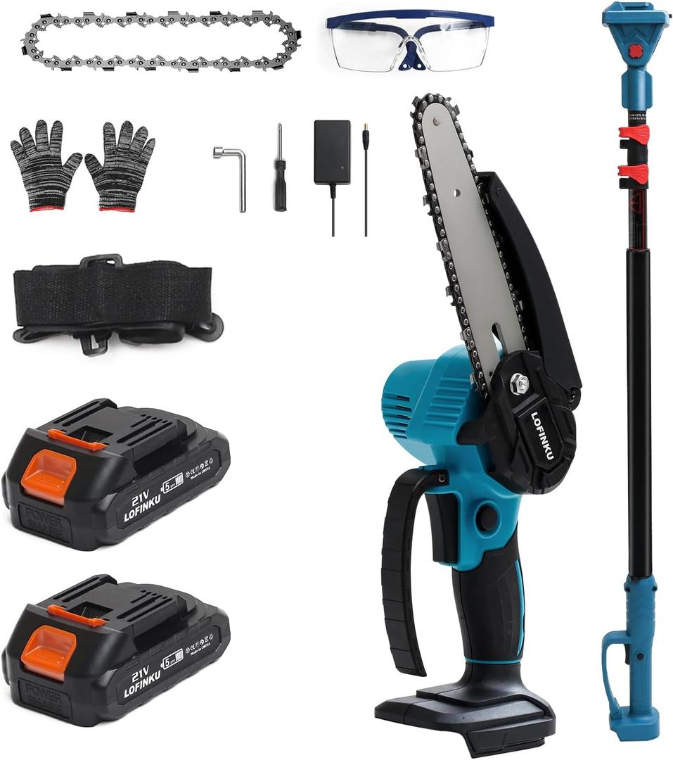 2-in-1 Cordless Pole Saw & Mini Chainsaw with 2 Batteries for Tree Trimming Blue