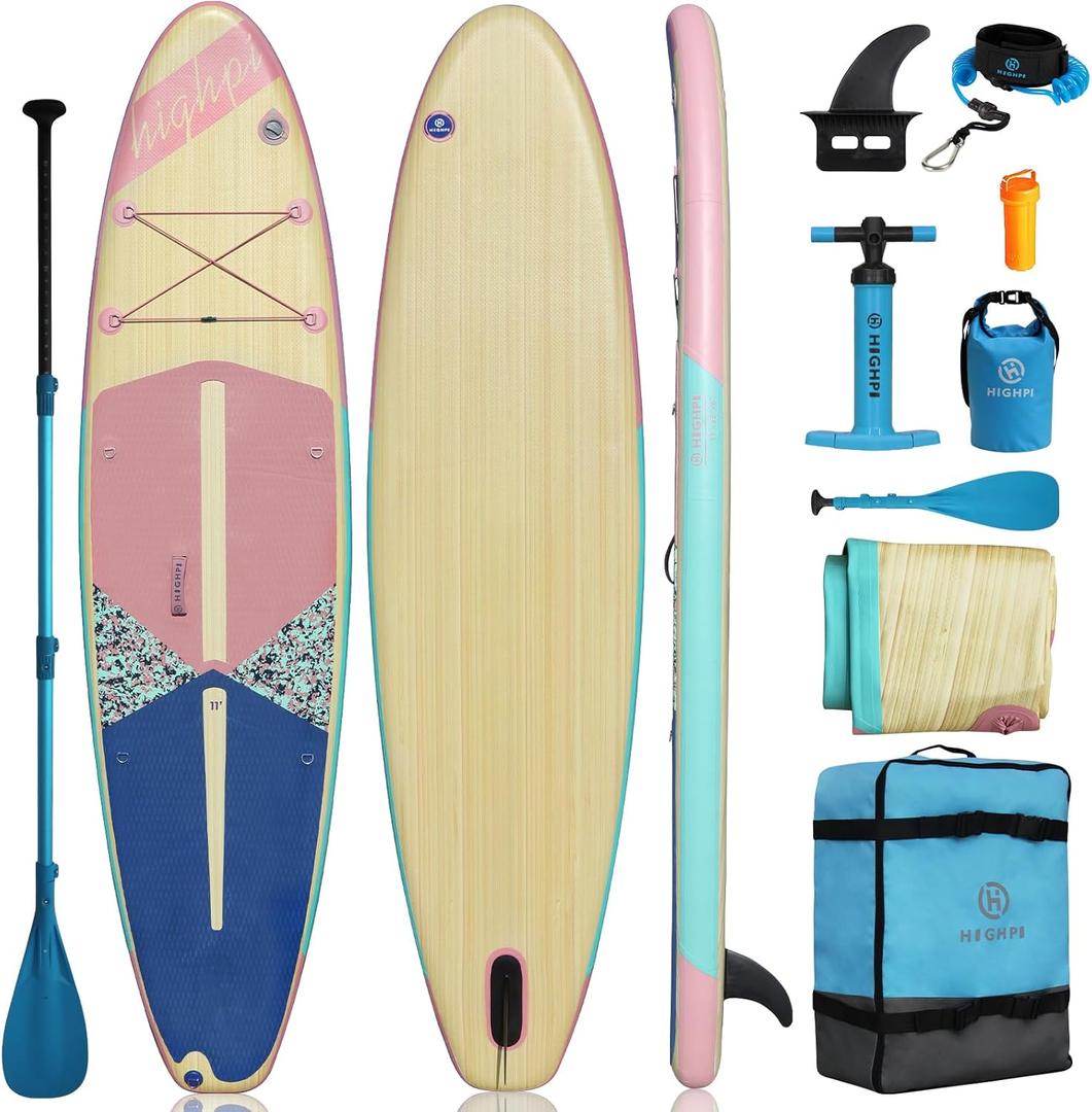 Highpi Inflatable Stand Up Paddle Board for Youth and Adults  Wide Sup with Premium Accessories, Blow Up Paddleboard for Surfing, Fishing, Yoga & More (Pink Wood)