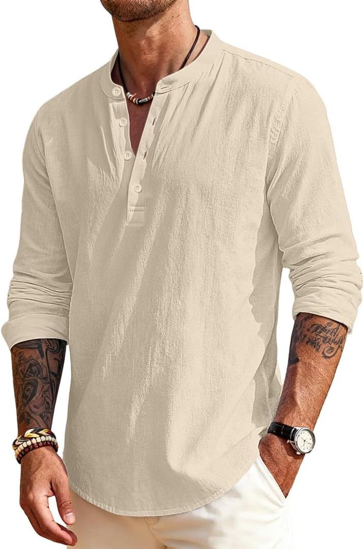 Men's Linen Shirts Henley T-Shirts Long Sleeve Casual Beach T-Shirts Solid Tops Shirts for Men (Beige, XL)