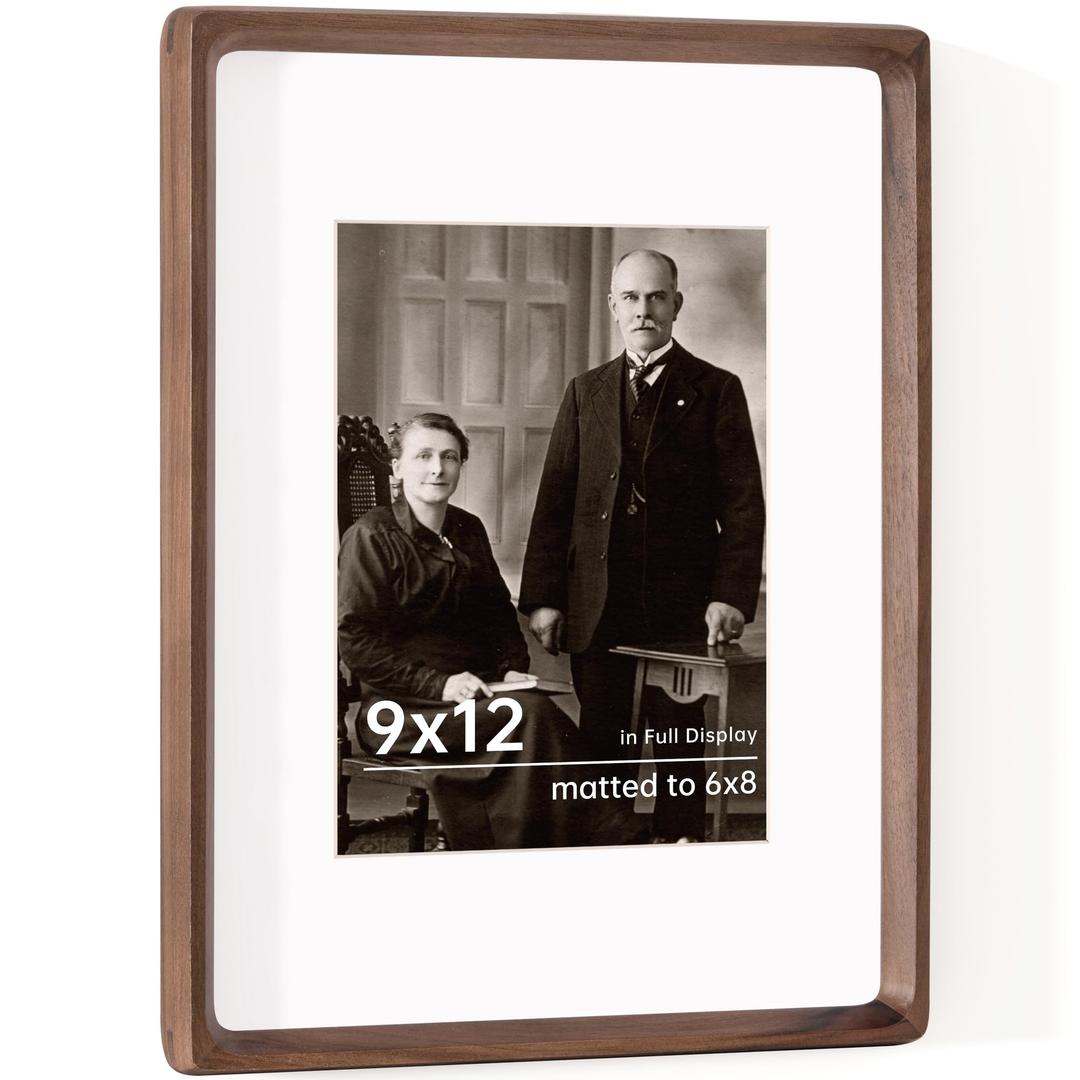 Dreamland 9x12 Picture Frame, USA-Sourced Walnut Wood Photo Frames with HD Tempered Glass, 9 x 12 Wooden Frame Matted to 6 x 8, 9x12 Frames Handcrafted Rounded Corner for Tabletop or Wall Display