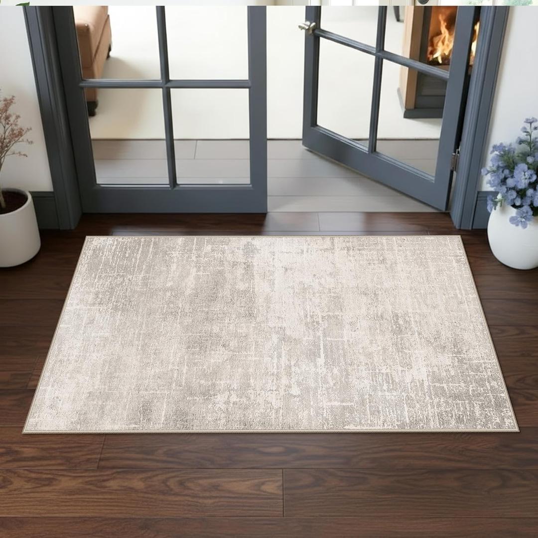 Washable 2x4 Entryway Area Rugs: Abstract Water Resistant Kitchen Sink Rug Non-Slip Durable Doormat Ultra Soft Living Room Bedroom Carpet Low Pile Floor Mat for Bathroom Dining Room(2x4,Beige/Cream)