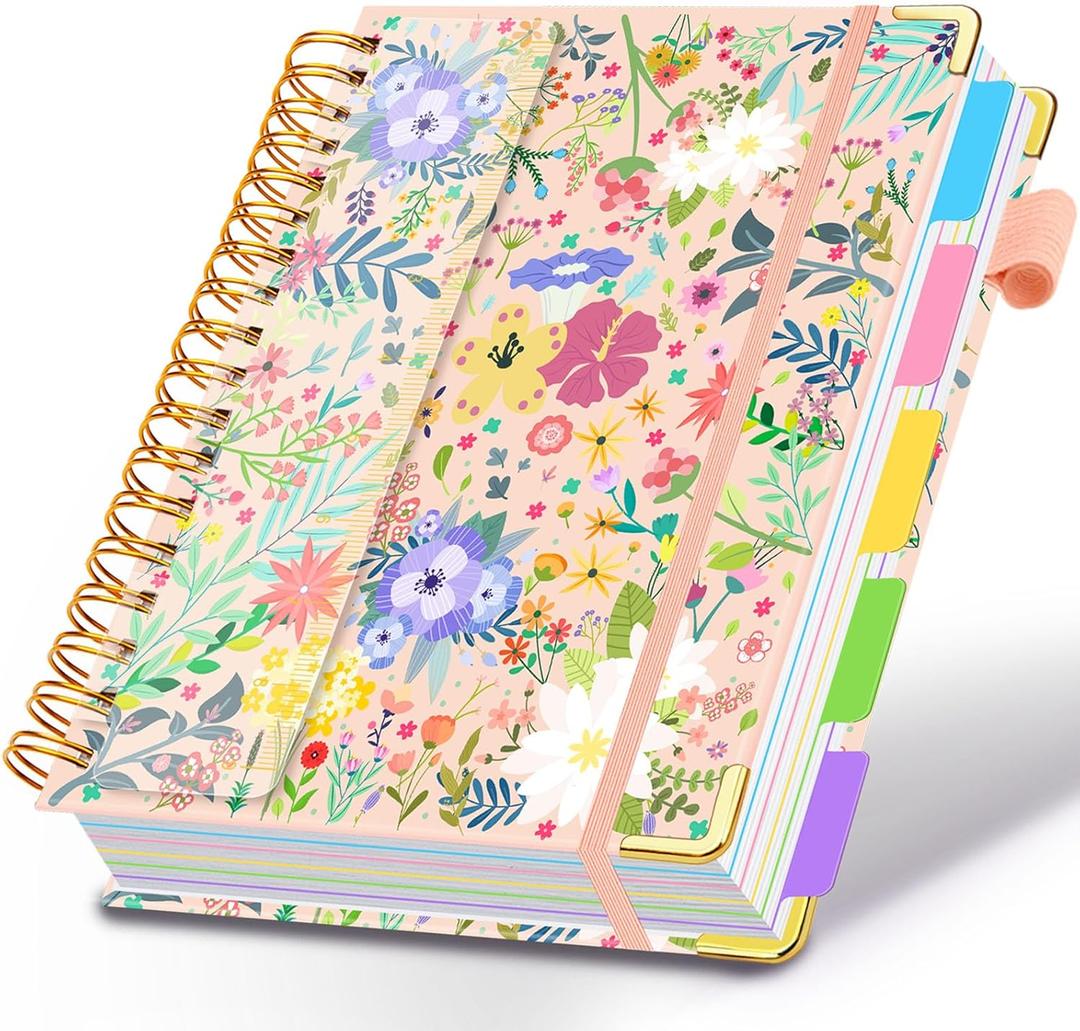 Spiral Journal Notebooks for Work, 300 Pages 5 Subject Notebook College Ruled with Dividers & Tabs, 8''x 10'' Large Notebook Journal for Women Students Note-Taking and Organizer (Beige Bloom)