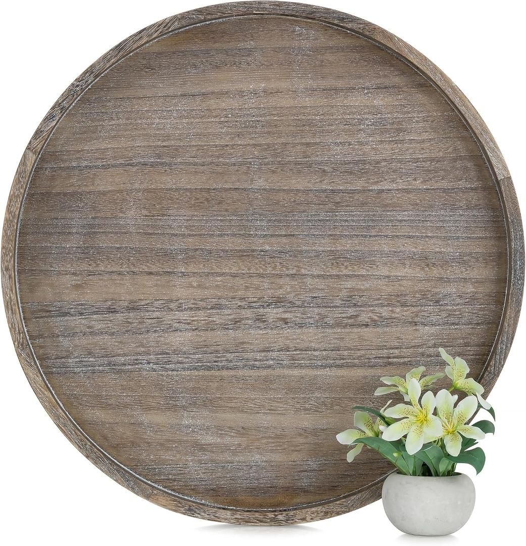 Hanobe Ottoman Tray for Living Room: 22" Decorative Wooden Trays with Handles for Living Room Home Decor Farmhouse Rustic Round Topper for Coffee Table