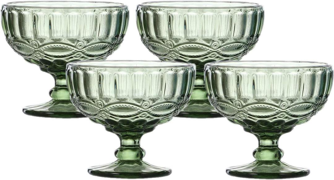 VanEnjoy Green Vintage Pressed Pattern Glass Ice Cream Cups/Dessert Bowls - Set of 4,12 Oz