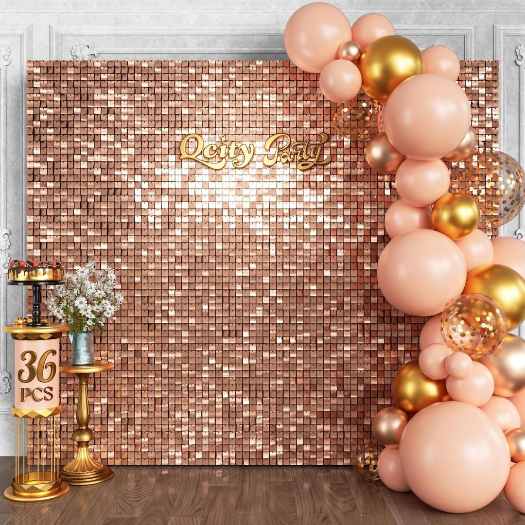 Qcity Rose Gold Shimmer Wall Backdrop 36PCS, Black Back Not See-Through Design, Square Sequin Glitter Backdrop Panel, Perfect for Outdoor Events, Birthdays, Wedding and Party Decoration