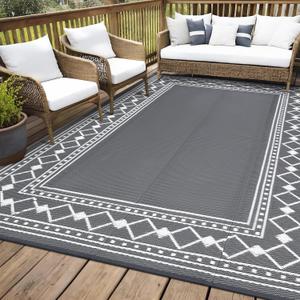 GAOMON Large Outdoor Rug 10x14 Waterproof Patio Modern Border Reversible Camping Mat Plastic Straw Outdoor Rug for Patio, RV, Deck, Balcony, Backyard, Picnic, Beach, Clover,Grey