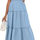 EYNMIN Women's Summer Midi Dress Casual Boho Beach Sundress Spaghetti Strap Sleeveless Smocked Flowy A-Line Dresses (Blue) S