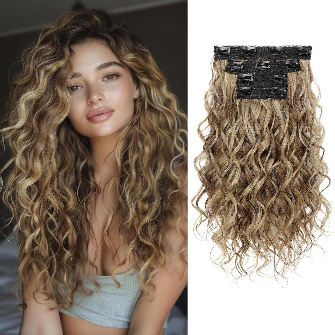 REECHO Curly Hair Extensions, 4PCS 16 Inch Clip in Hair Extensions Lace Weft Short Curly Hair Extension Clip Ins Invisible Natural Hairpieces for Women, Light Brown with Blonde Highlights