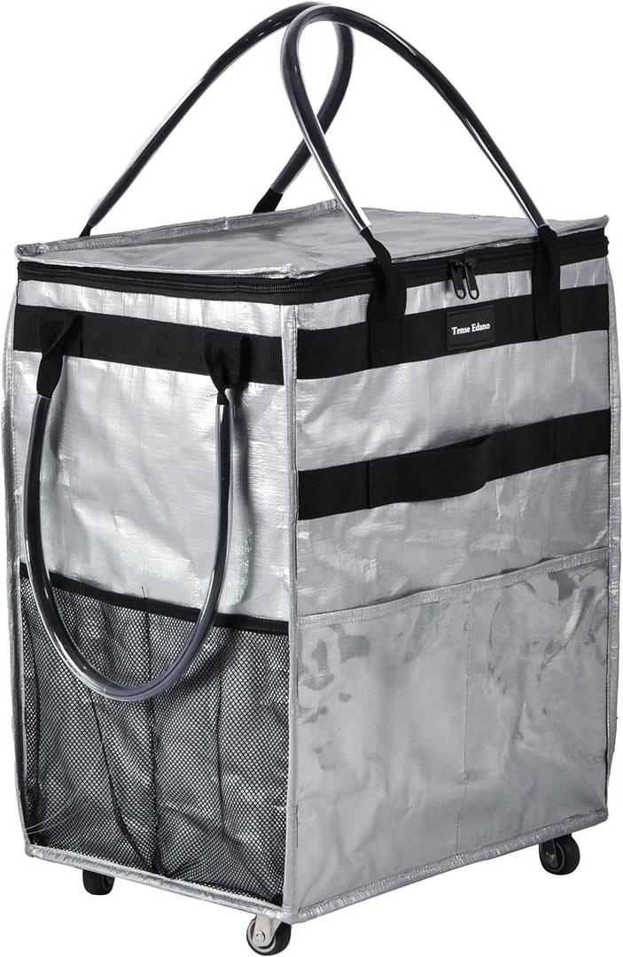 Reusable Grocery Bag On Wheels Large Capacity Shopping Trolley Foldable Rolling Tote with Outside Pocket, Heavy Duty Handle (Silver, Large)