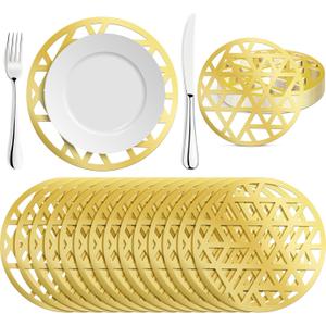 Tinlade 50 Pcs Gold Round Paper Placemats Bulk 12 Inch Gold Laser-Cut Geometric Pattern Charger Placemats for Modern Weddings Dinner New Years Eve Festive Party Birthday Table Decoration