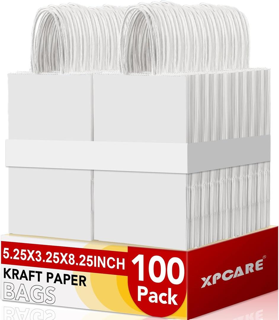 XPCARE 100Pcs Paper Gift Bags 5.25x3.25x8.25'', Small Paper Bags with Handles Bulk, Kraft Paper for Birthday Party Favors, Shopping, Retail White (White-100Count)
