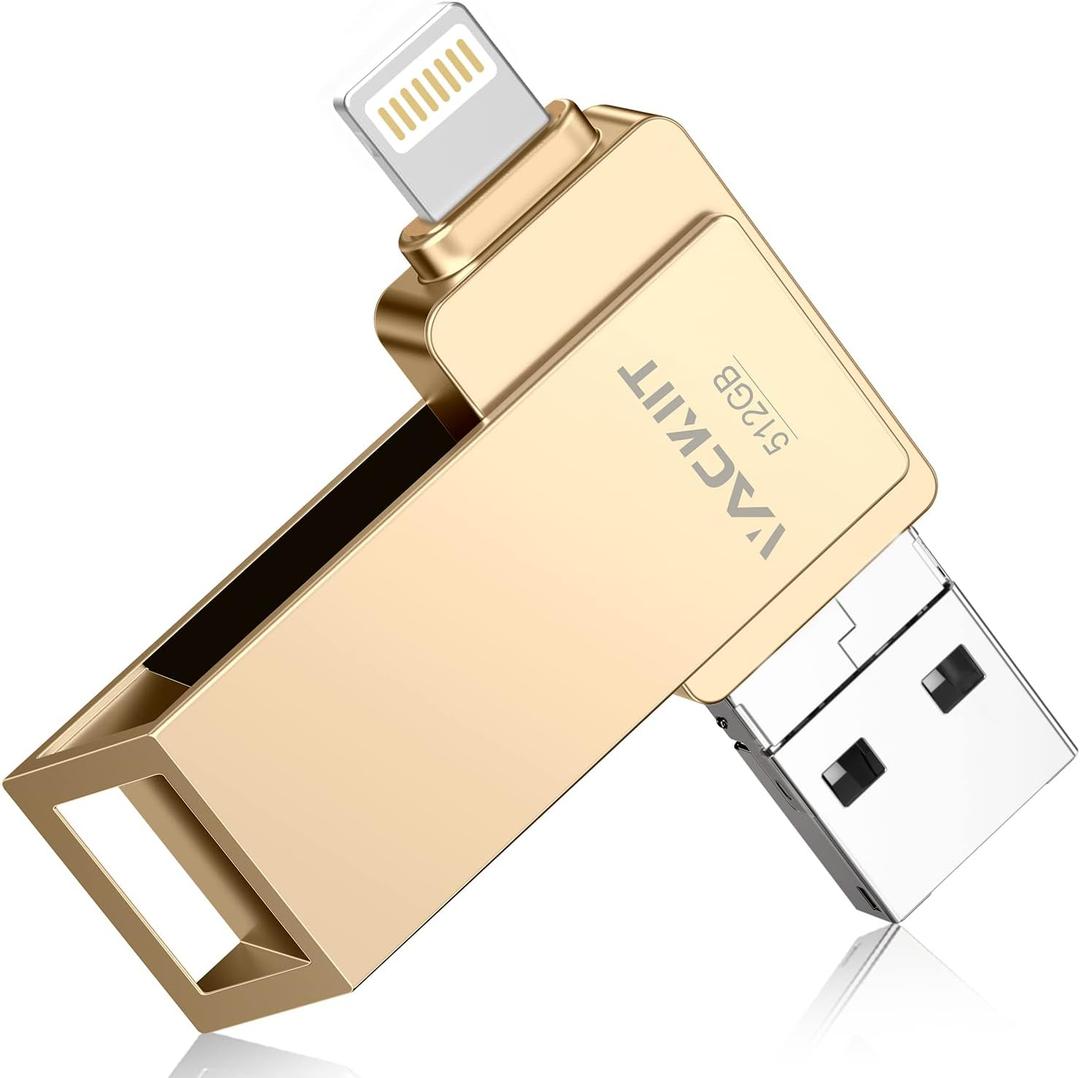 MFi Certified 512GB Flash Drives 3.0 High Speed 3ni1 USB Stick External Storage Compatible for iPhone/PC/iPad/Android/More Devices for Photos and Videos Transfer Storage Backup(Gold)