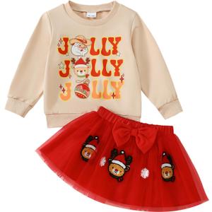 Toddler Girl Christmas Outfit Santa Claus Sweatshirt+Tutu Gauze Skirts Winter Clothes 1-7 Years (2-3T, New-begie)