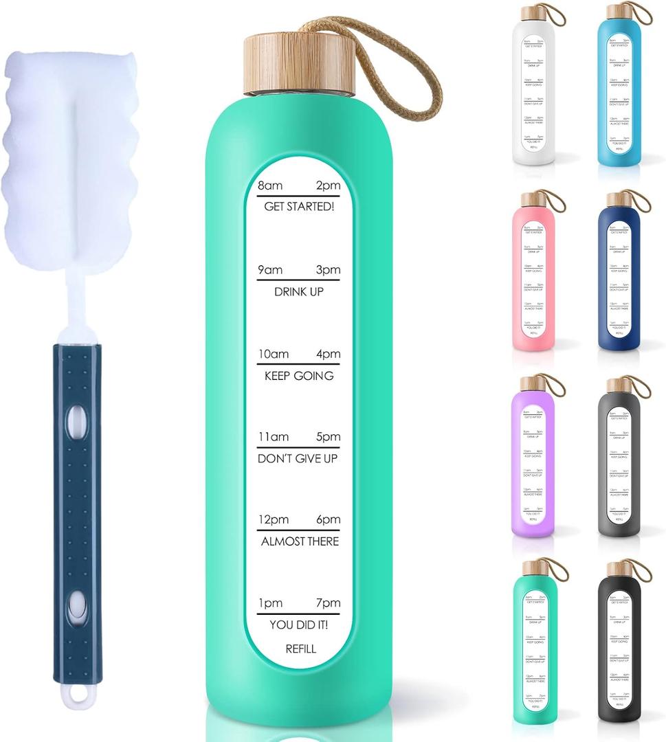PROBTTL 32 Oz Borosilicate Glass Water Bottle with Time Marker Reminder Quotes, 1 Liter Leak Proof Reusable BPA Free Motivational Water Bottles with Silicone Sleeve and Bamboo Lid (Aqua)