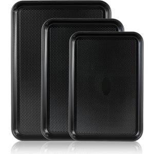 SS&CC Nonstick Baking Sheet Pan Set of 3, 0.8mm Carbon Steel Cookie Sheets for Oven - Half/Quarter/Jelly Roll Pans with Diamond Texture, PFOA-Free & Oven Safe (17.5x12, 15.5x10.2, 13.5x9.5 Inch) (Black)