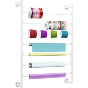 Yonynise Ribbon Storage Organizer,31.5-inch Width Wall Mounted Ribbon Holder Rack,7 Tier Large Capacity Metal Ribbon Storage for Craft Room,Flower Shop,Cake Shop,Gift Wrapping Paper,White