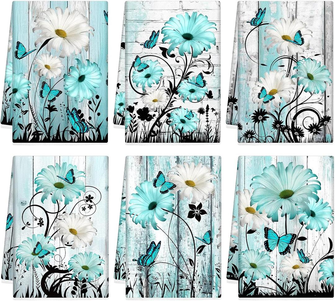 Breling Set of 6 Teal Daisy Kitchen Towel Vintage Themed Dish Towel Turquoise Bathroom Decorative Rustic Tea Cloths for Kitchen Bathroom Home Cooking Housewarming Gifts, 14 x 21 Inch