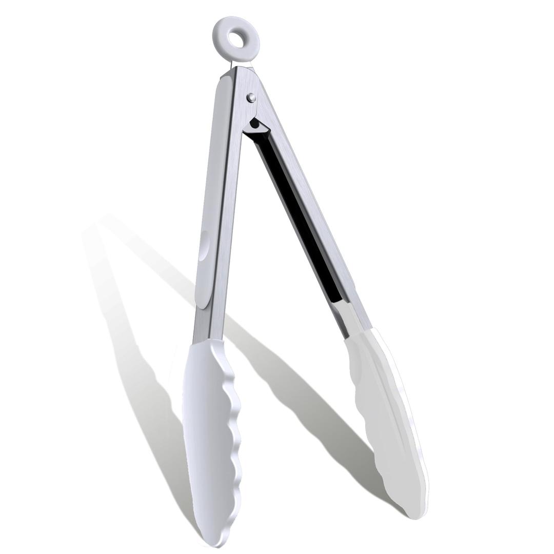 9 Inch Kitchen Tongs, Cooking Tongs with Silicone Tips and Stainless Steel Handle, Non Stick Heat Resistant Tongs for Cooking, Buffet, Salad Serving (9", White) 2pcs