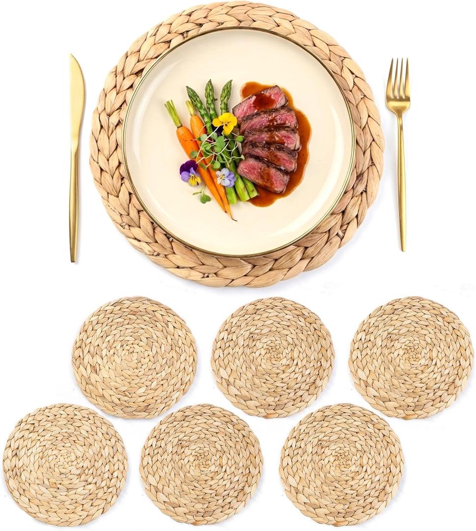 12 Inch Round Woven Placemats Set of 6, Herringbone Pattern, Natural Table Mats Braided Heat Proof, Farmhouse Boho Table Place Mat Ourdoor Wicker Chargers for Dinner Plates