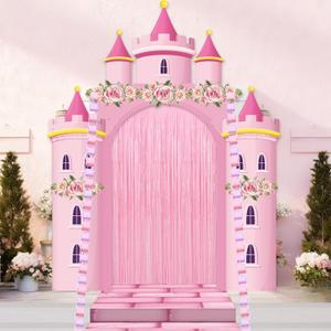 3D Princess Castle Photo Door Banner Pink Castle Party Decorations Princess Themed Birthday Hanging Backdrop With Paper Chains Fringe Curtain Pink Photo Booth Props for Girls Birthday Baby Shower