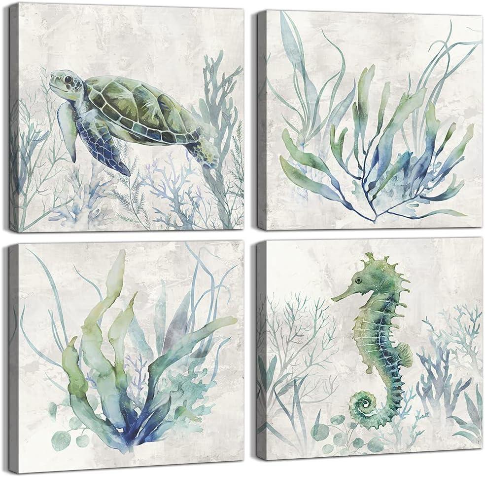 WZSart Marine Animals Plants Canvas Wall Arts Watercolor Sea Turtle Seahorse Seaweed Printed Pictures Artwork Vintage Painting Decoration for Bathroom Living Room Toilet Ready to Hang 16"x16"x4pcs