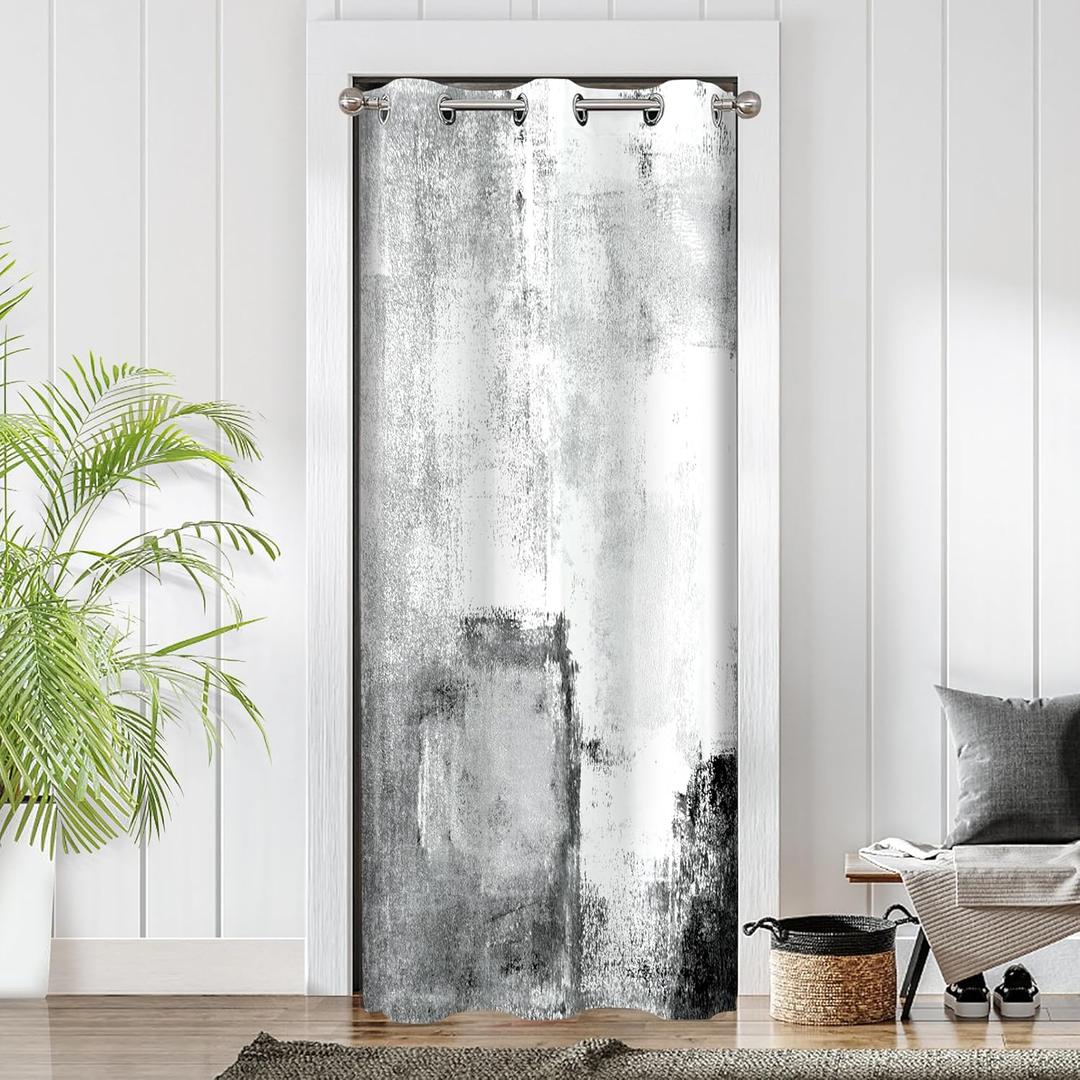 Abstract Door Curtains for Doorways, Grey and White Geometric Blackout Grommet Curtain for Closet or Room Divider, Modern Privacy Door Drapes, 34" W x 79" L