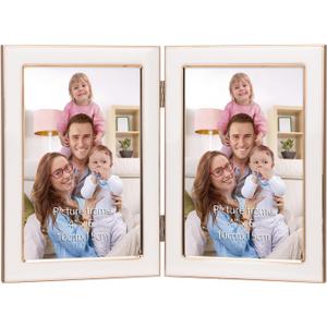 Giftgarden 4x6 Double Picture Frame White with Tempered Glass Display 4 by 6 Photo, Metal Hinged Folding Frame for Tabletop or Wall