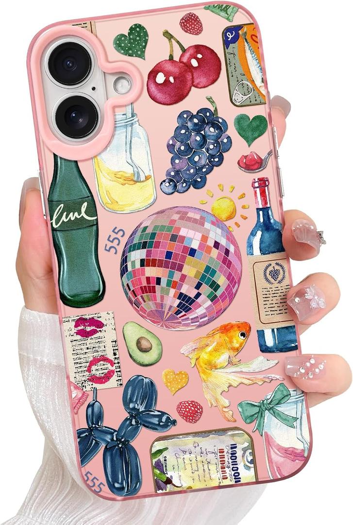 Compatible with iPhone 16 Plus Case Cute Aesthetic for Women Girls, Classic Retro Western Grapes Fruit Drinks Fish Bow Collage Phone Case, Shockproof Protective Cover