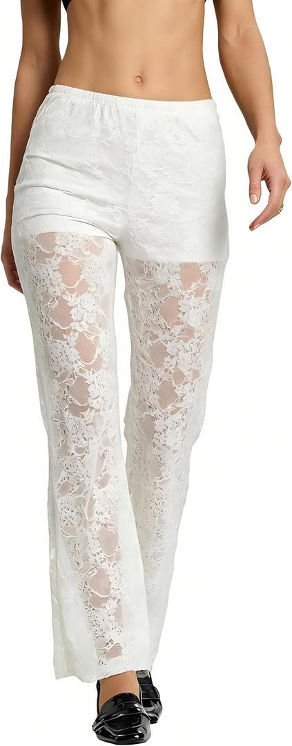 QJQ Women's Floral Lace Sheer Mesh Flare Pants Elastic High Waisted Bell Bottom Sexy See Through Trousers (White, M)