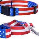 American Flag Dog Collar and Leash Set | Patriotic USA Matching Puppy Leash and Collars for 4th of July | Red White and Blue Designer Pattern for Male or Female (Medium)