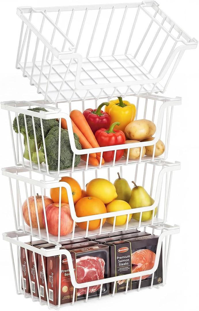 SUNALLY Stackable Storage Bins 4 Pcs Wire Baskets for Pantry Organizers and Storage, Vegetable Fruit Storage Basket for Countertop Organizer,Kitchen Baskets for Onion Potato Snack Cans Storage,White