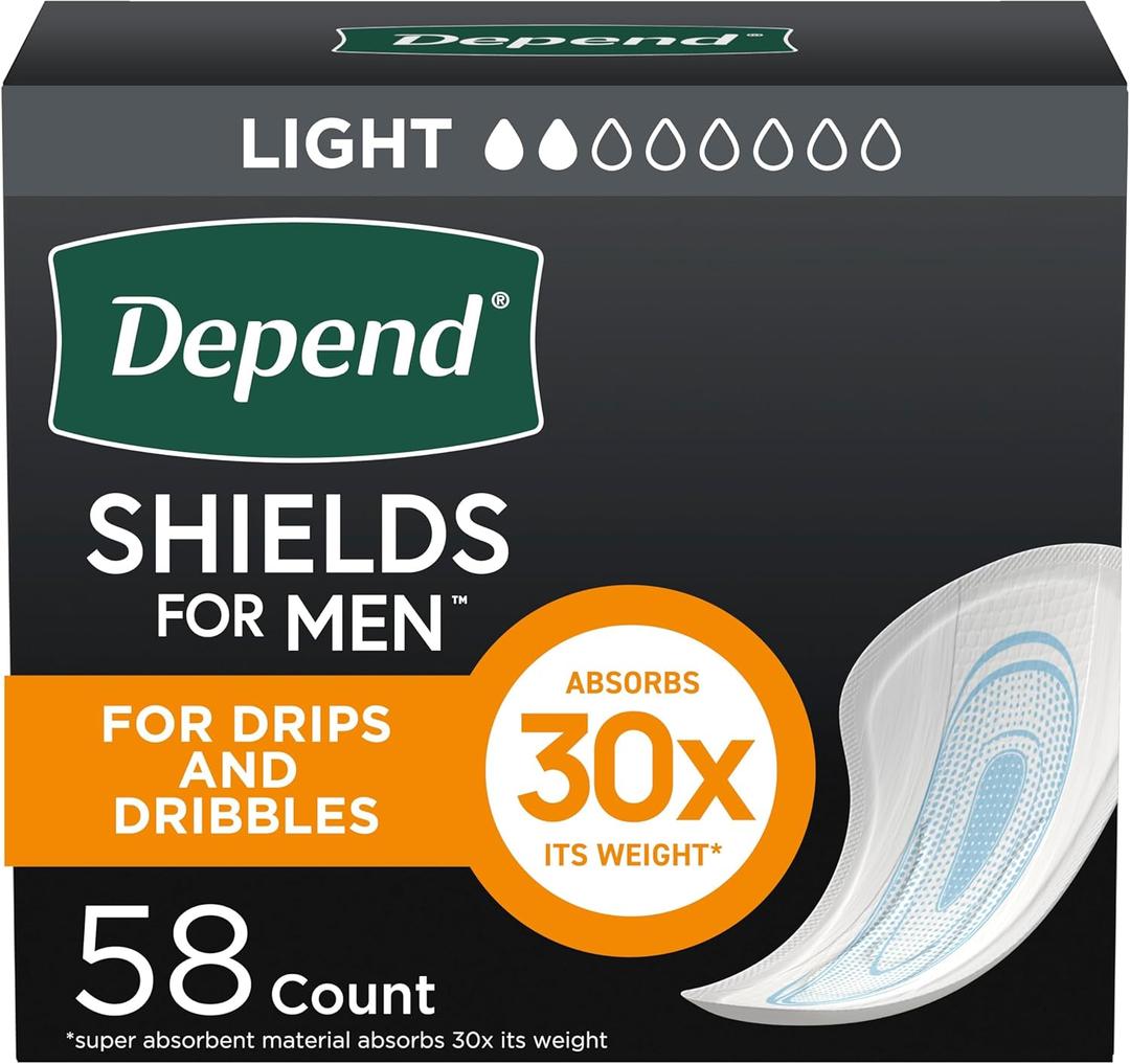 Depend Shields Incontinence Pads for Men, Light Absorbency, 58 Count (Packaging May Vary) (One Size)