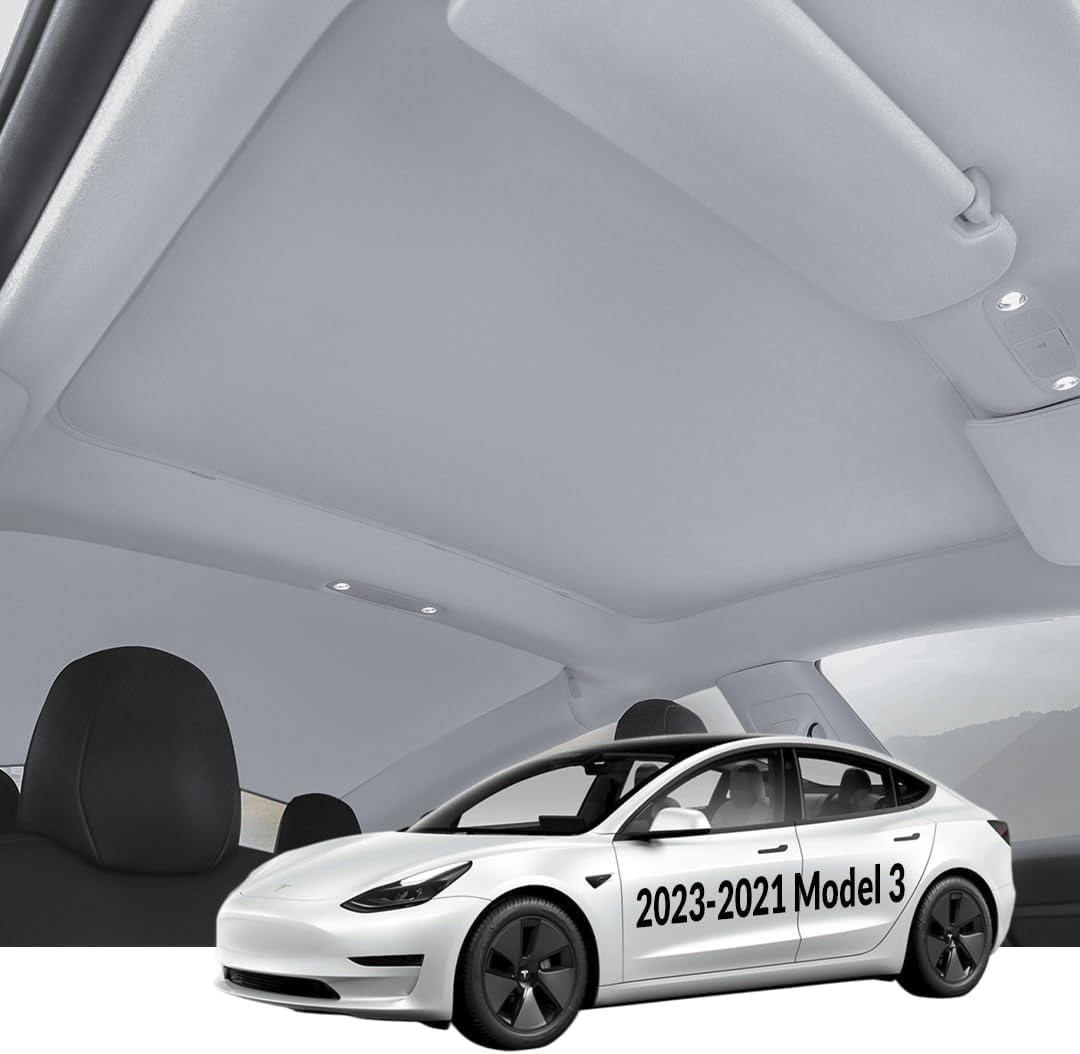 VION Tesla Model 3 Roof Sunshade (2023-2021 Model 3) – Full Blackout (No Light Transmission), Cooler Cabin, Dual-Layer Fabric with Graphene-Enhanced UV Coating, No Sagging – Gray