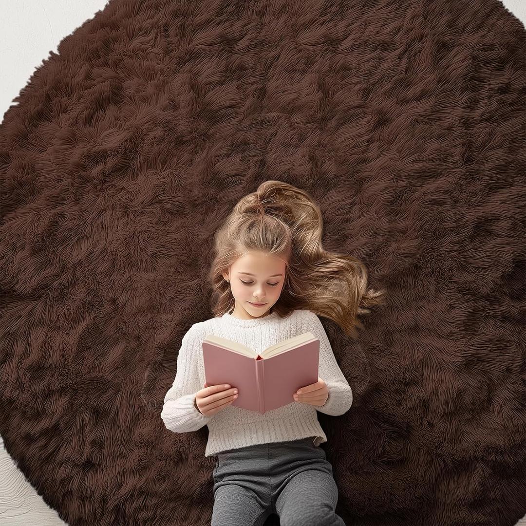 OLANLY Coffee Round Rugs for Bedroom - Machine Washable, 6 ft Circle Area Rugs for Living Room, Soft and Fluffy Shaggy Carpet for Teen Girls and Boys, Nursery Rooms, Dorms, Home Decor Aesthetic