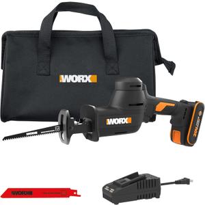 WORX Cordless Reciprocating Saw, 20V 1" Brushless Reciprocating Saw, 1" Stroke Length, Fast cuts up to 3,000 SPM, 12.5" Compact Design, 75% Lower Vibration, Battery and Charger Included, PowerShare