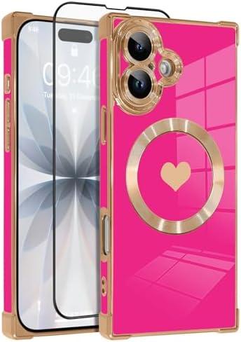 OOK Magnetic Case for iPhone 17 6.3 Inch [Wireless Charging Compatible] Soft TPU Heart Design Phone Cover with Screen Protector Shockproof Protection Slim Case for Women - Hot Pink