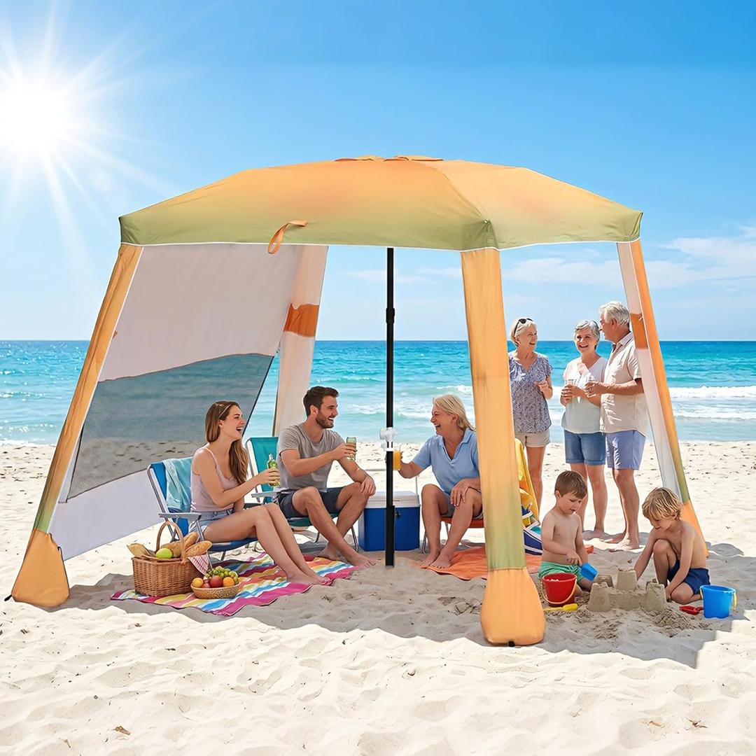 Beach Cabana,3 Side Curtains,7.2 * 7.2 FT for 5-6 People, Beach Canopy with Sand Bags,Easy Beach Shade, Beach Tents for Family, Adjustable Height,Yellow, 97*17*17