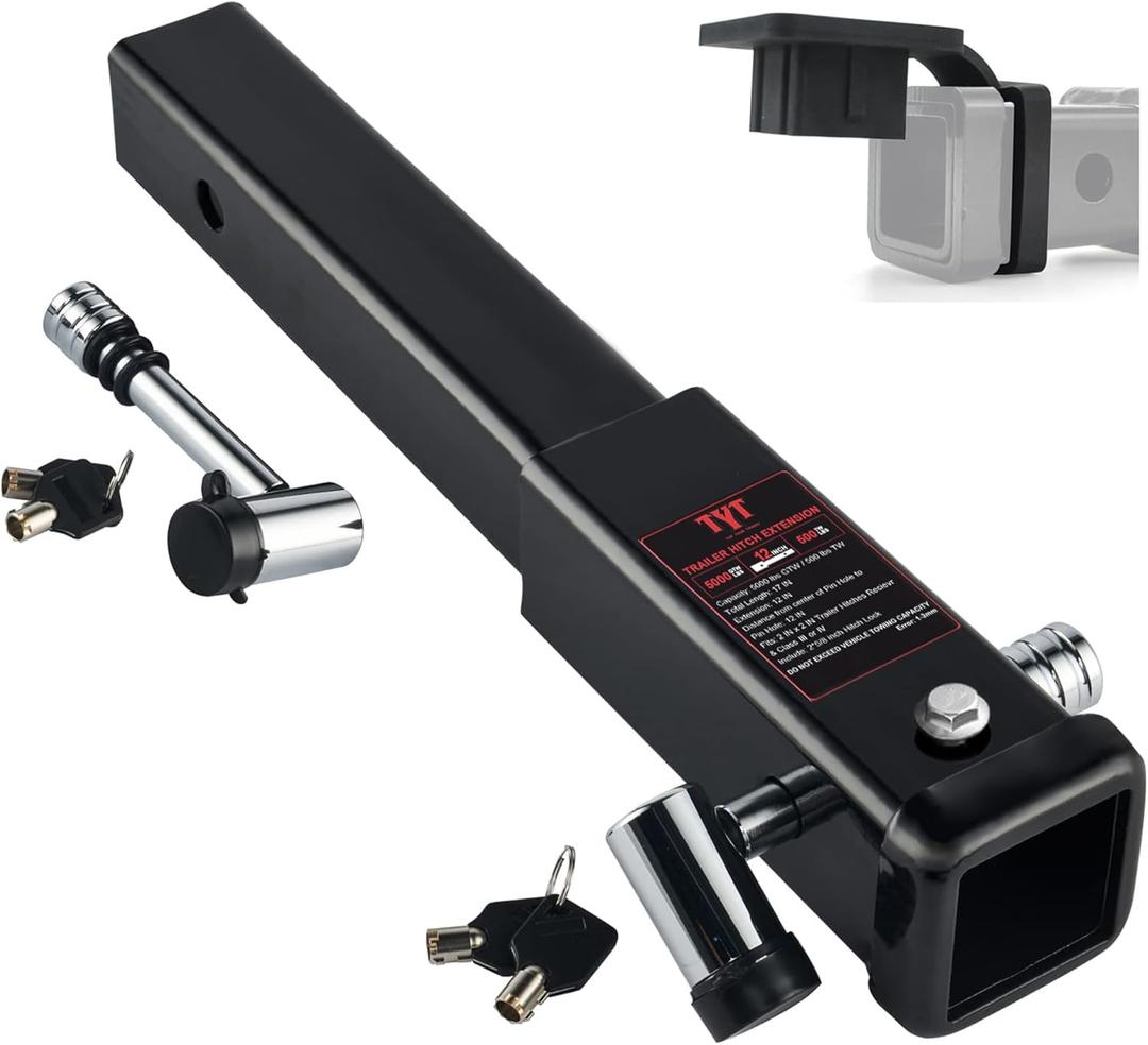 TYT 12" Trailer Hitch Extension for 2" Receiver Tube Extender, Tube Extension Receiver with 2 Sets of 5/8" Premium Hitch Pin Lock, 5000 lbs GTW / 500 lbs TW
