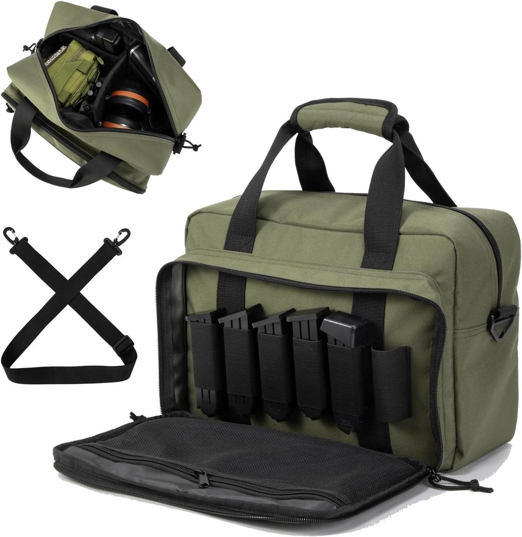 Small Range Bag For 2 Pistols Gun Range Bags For Handguns And Ammo Dual Pistol Handgun Revolver Hunting Bag Gun Carrying Case/Lockable Zippers (ArmyGreen)