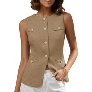 Mina Self 2026 Summer Women's Sleeveless Tweed Vest Tops - Button Front Fully-Lined Work Casual Blazer with Pockets M
