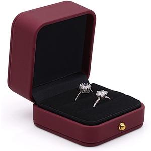 Wedding Ring Box Engagement Box Red, Square Leather Velvet Jewelry Ring Bearer Box, Premium Gorgeous Vintage Double Slots Ring Box for Proposal, Ceremony, Anniversary, Gift