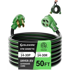 30-Amp 4-Prong Dryer EV Extension Cord, 50 Feet, NEMA 14-30P to 14-30R, 125V/250V Heavy Duty STW 10AWG/4, Use for Tesla Model 3/Y/X/S, Level 2 EV Charging & Dryer Power Extension, ETL Listed