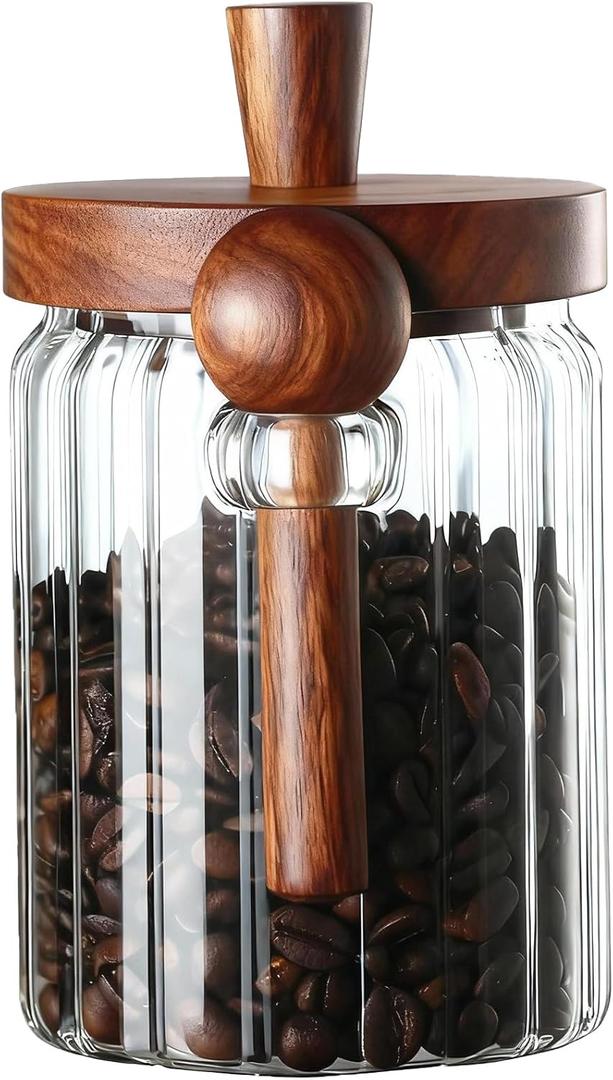 Coffee Canister, Coffee Container with Wooden Spoon and Lid, Ribbed Design, Airtight Storage Jar for Coffee Beans/Coffee Grounds/Sugar/Salt/Loose Leaf Tea, 20 Oz