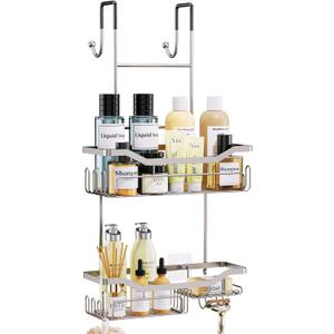 HapiRm Hanging Shower Caddy Over the Door with Soap Holder, No Drilling Adhesive Shower Organizer with 11 Hooks, Rustproof & Waterproof 304 Stainless Steel Bathroom Shelves - Brushed Nickel (2-tier)