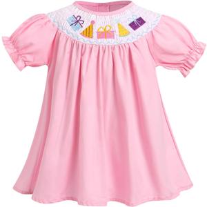 ODASDO Baby Girls Toddler Kids Smocked Bishop Dress Embroidery Short Sleeve A-line Birthday Party Dresses Summer Clothes (Pink)