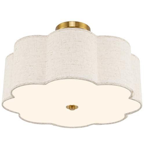 AUTELO 3-Light Bedroom Ceiling Light, 17.7 Inch Brushed Gold Semi Flush Mount Ceiling Light with Flower-Shaped White Fabric, Farmhouse Ceiling Light for Bedroom Hallway, C2507 BGL-8