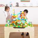 Kid's Multi-Purpose Activity Play Table with 60 Big Building Bricks and 30-Piece Wooden Train Set for Toddlers(Big-peg Baseplate Version)