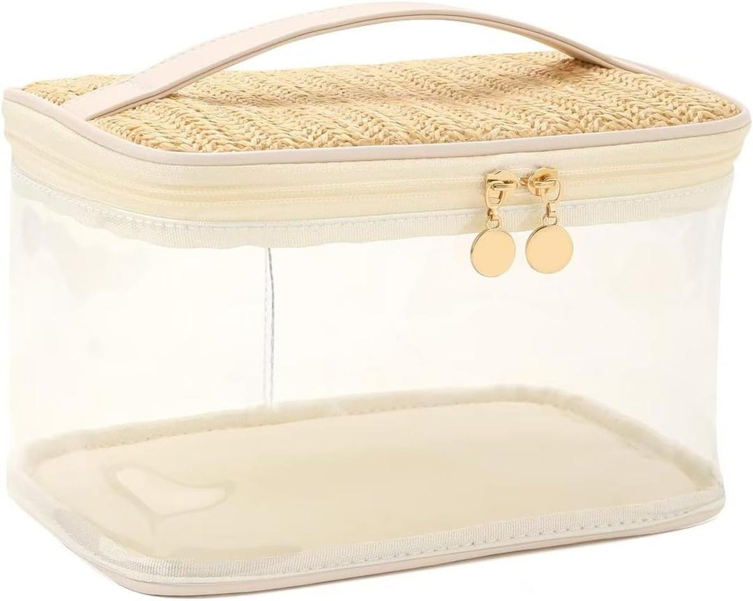 RSRSLEII Boho Large Clear PVC Waterproof Makeup Bag with handle, Transparent Zipper Cosmetic Bag for Travel, Beach Bag for Sun screen Skincare (01Large size-Beige)